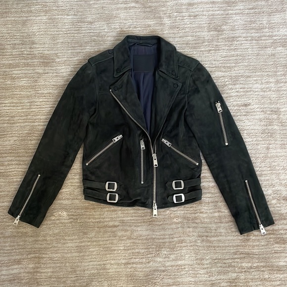All Saints Edwards Biker Goat Suede Biker Jacket Navy/Gray Size US 2 - Picture 4 of 9